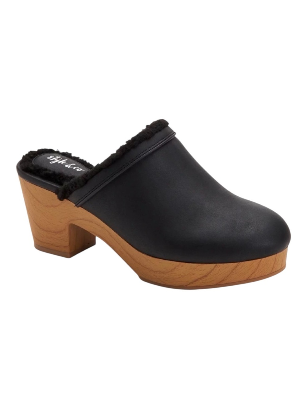 Black Leather Heeled Clog Mule Shearling Lining Size 10 Dark Academia Goth